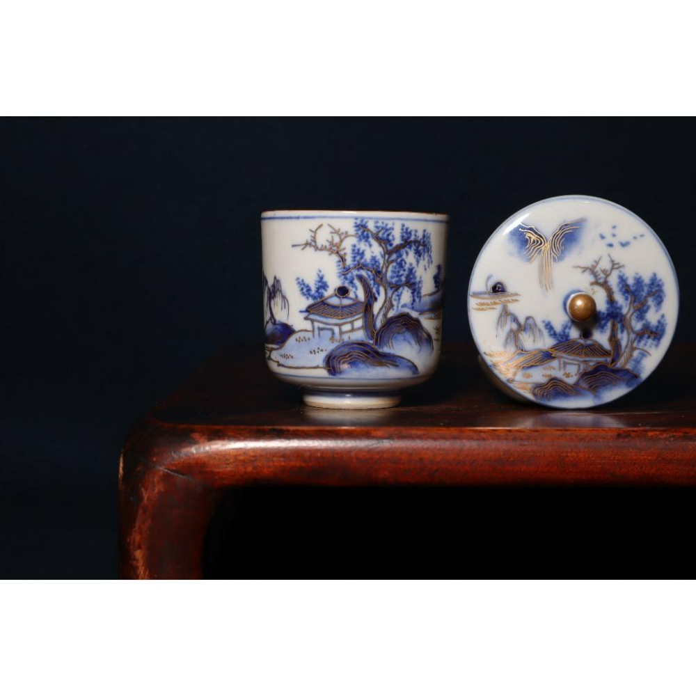 《部町》日本時代物 老九谷 描金山水染付青花 金鑭手蓋湯吞 茶杯  ｜抹茶 茶道具 茶道 花道 花藝 神社 茶葉 普洱茶-細節圖5