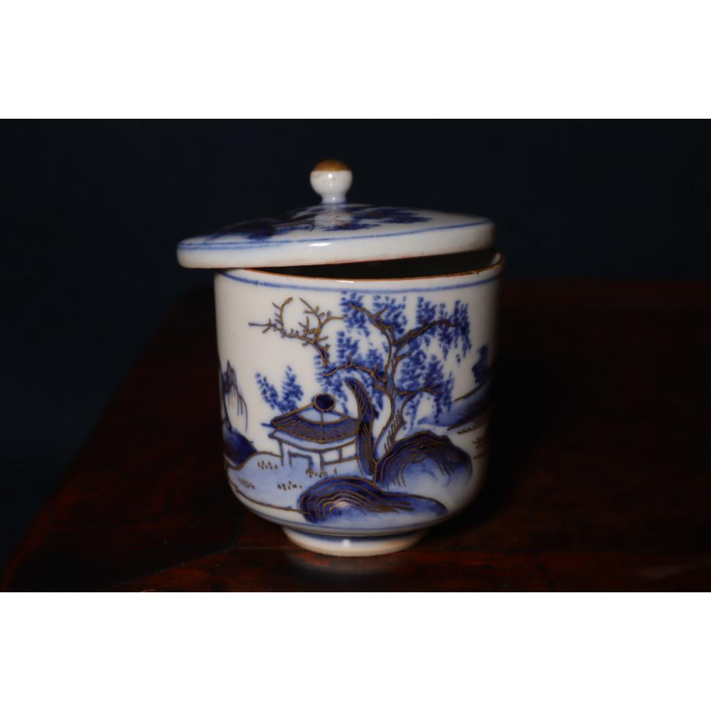 《部町》日本時代物 老九谷 描金山水染付青花 金鑭手蓋湯吞 茶杯  ｜抹茶 茶道具 茶道 花道 花藝 神社 茶葉 普洱茶-細節圖6