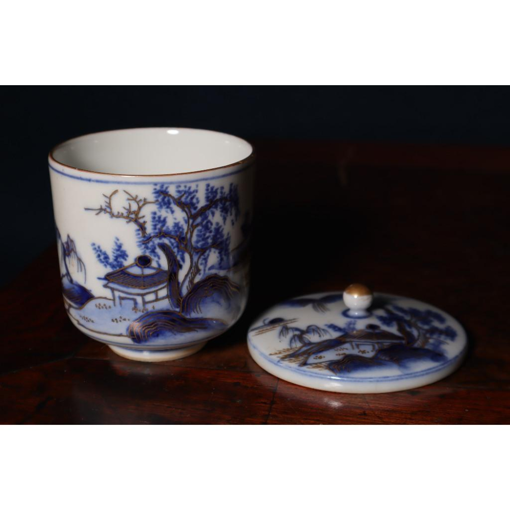 《部町》日本時代物 老九谷 描金山水染付青花 金鑭手蓋湯吞 茶杯  ｜抹茶 茶道具 茶道 花道 花藝 神社 茶葉 普洱茶-細節圖7