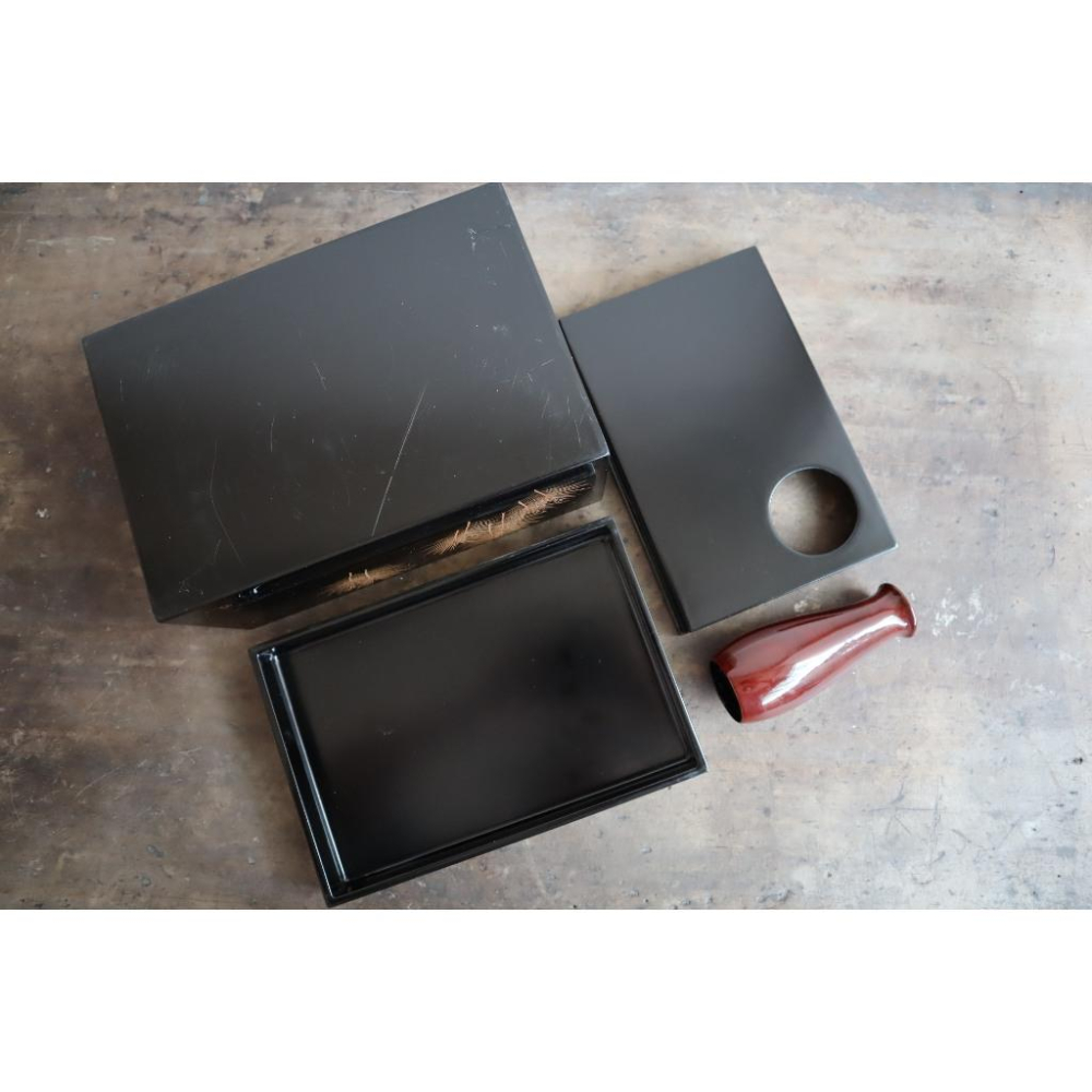 《部町》日本 輪島塗 作家款 木胎 沈金松柏 茶箱 利休茶箱｜抹茶 茶道具 茶道 花道 花藝 神社 京都 古董 茶碗-細節圖9