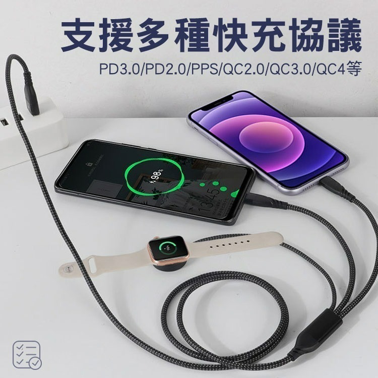 SHOWHAN PD 100W 二拖三 USB-A+Type-C to Lightning+TC+手錶充電線1.2M-黑-細節圖10