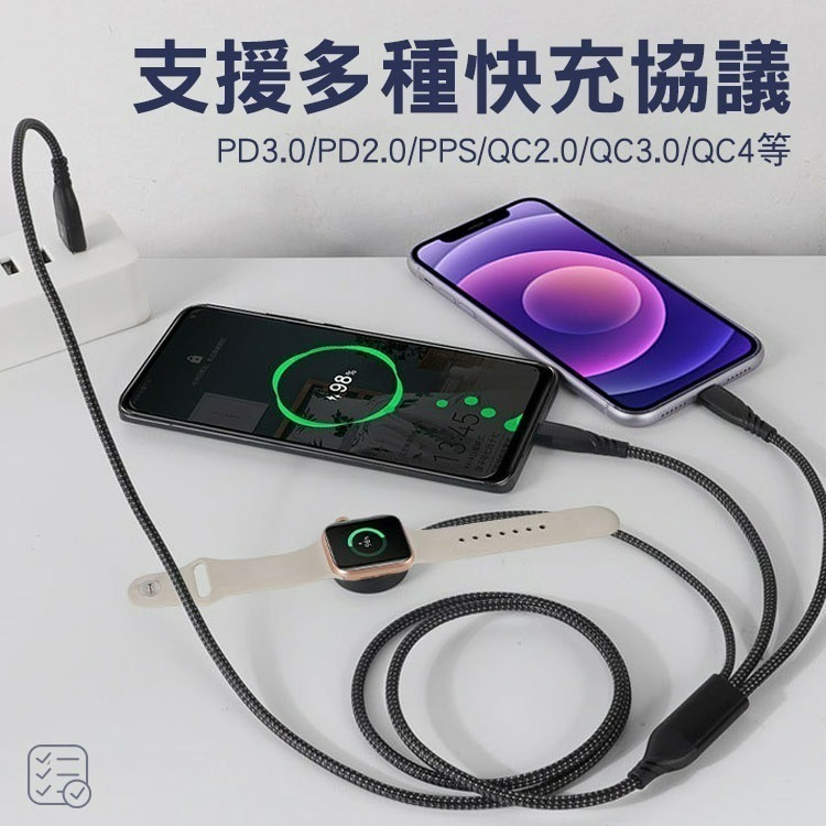 SHOWHAN PD 100W 二拖三 USB-A+Type-C to Lightning+TC+手錶充電線1.2M-黑-細節圖10