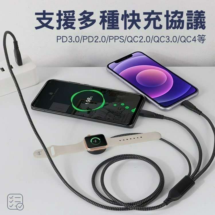 SHOWHAN PD 100W 二拖三 USB-A+Type-C to Lightning+TC+手錶充電線1.2M-黑-細節圖10