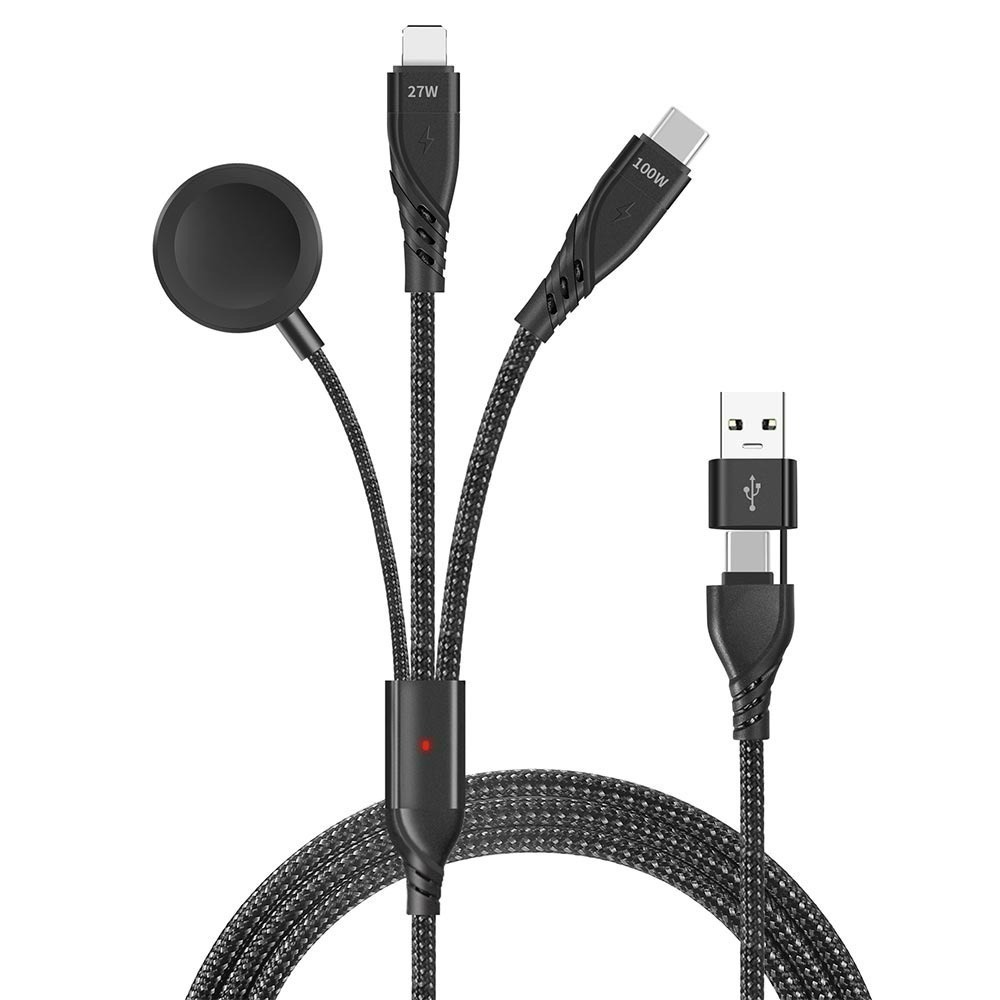 SHOWHAN PD 100W 二拖三 USB-A+Type-C to Lightning+TC+手錶充電線1.2M-黑-規格圖1