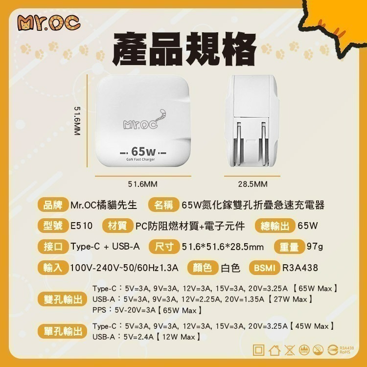 【限時購】Mr.OC 65W 氮化鎵 1A1C 雙孔折疊快速充電器+60W雙Type-C編織線1m-細節圖11