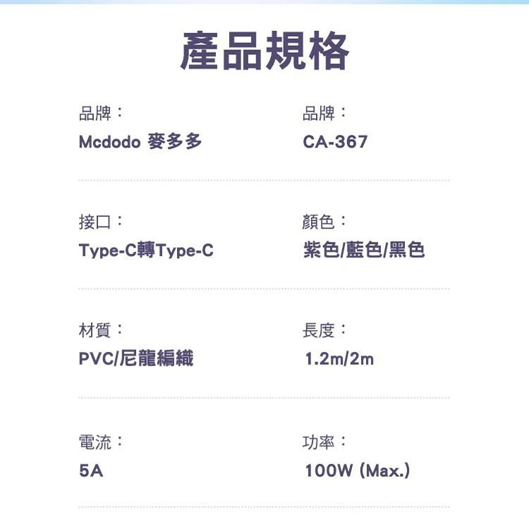 Mcdodo 麥多多 晶體系列 雙Type-C 100W USB-A to Type-C 6A  透明數據充電線 快充線-細節圖7