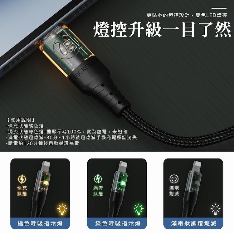 PICKOGEN 二合一 Type-C/USB-A to 蘋果 PD充電傳輸線 閃速 智能斷電 LED呼吸燈-細節圖3