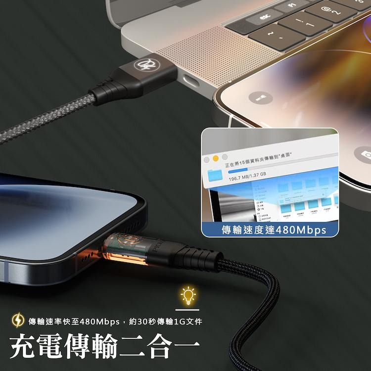 PICKOGEN 二合一 Type-C/USB-A to 蘋果 PD充電傳輸線 閃速 智能斷電 LED呼吸燈-細節圖9