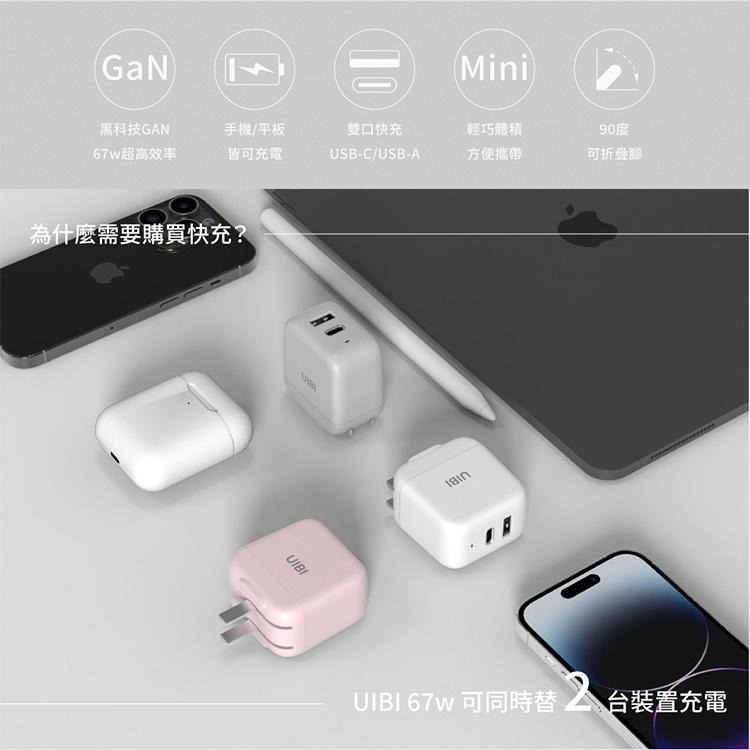 UIBI 67W GaN 氮化鎵 迷你雙口快速充電器 PD快充 1A1C USB+Type-C-細節圖3