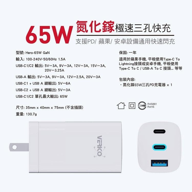 黑科技 65W GaN 氮化鎵 智慧三孔電源供應器 充電器 快充 PD充電器 1A2C-細節圖7