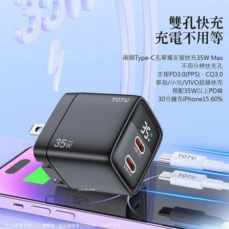 TOTU 拓途 閃速系列 35W 雙孔 數顯 Type-C/PD/GaN氮化鎵充電器充電頭快充頭閃充頭 充電器-細節圖6