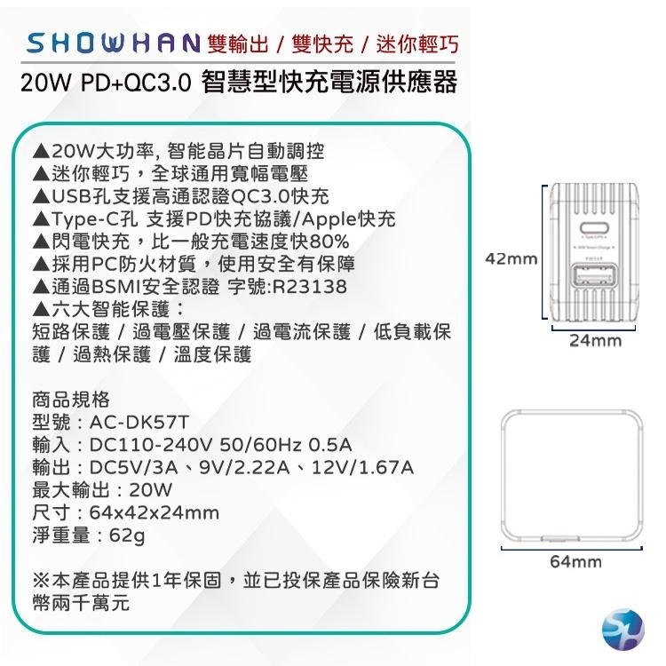 SHOWHAN 台灣製公司貨 20W PD+QC3.0充電器+四合一PD60W快充線組-細節圖5