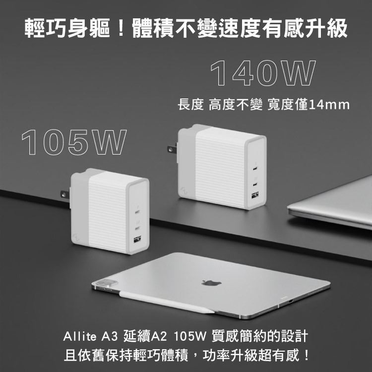 Allite A3 140W GaN氮化鎵 快充充電器 充電頭 三孔 TypeC USB-C 大功率 PD快充 LANS-細節圖4