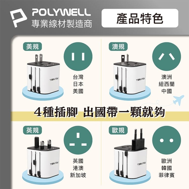 POLYWELL 多合一旅行萬國轉接頭旅行組 三孔USB充電器 多國旅充 國際電壓安全鎖 美國.日本.韓國.澳洲.英國-細節圖3