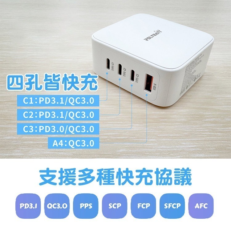 POLYBATT 140W氮化鎵 四孔極速充電組合包(充電頭+雙Type-C240W充電線)-細節圖6