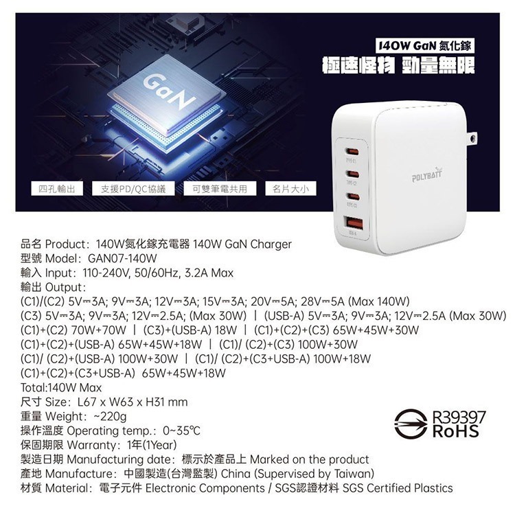 POLYBATT 140W氮化鎵 四孔極速充電組合包(充電頭+雙Type-C240W充電線)-細節圖11