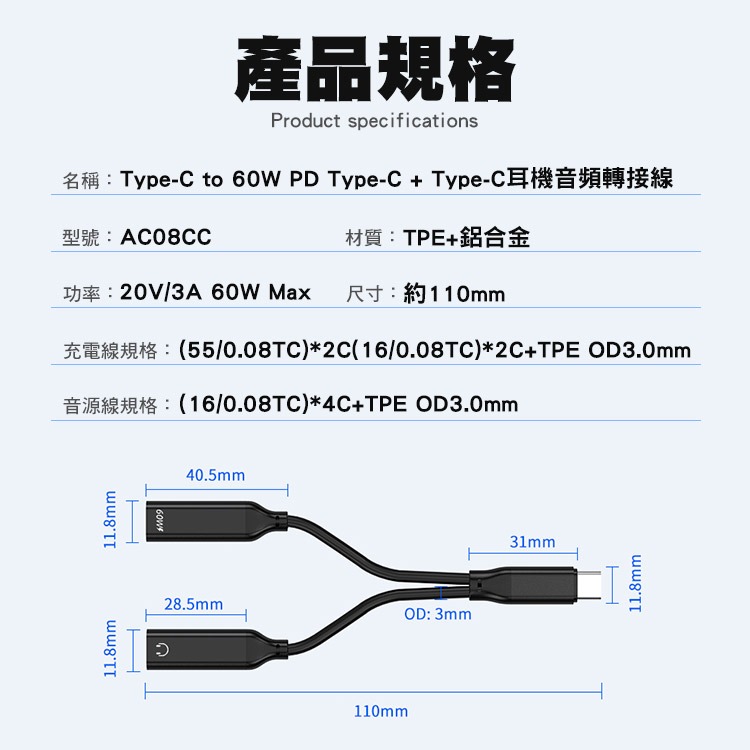 SHOWHAN Type-C to 60W PD Type-C+Type-C耳機音頻轉接線 音源轉接線-細節圖11