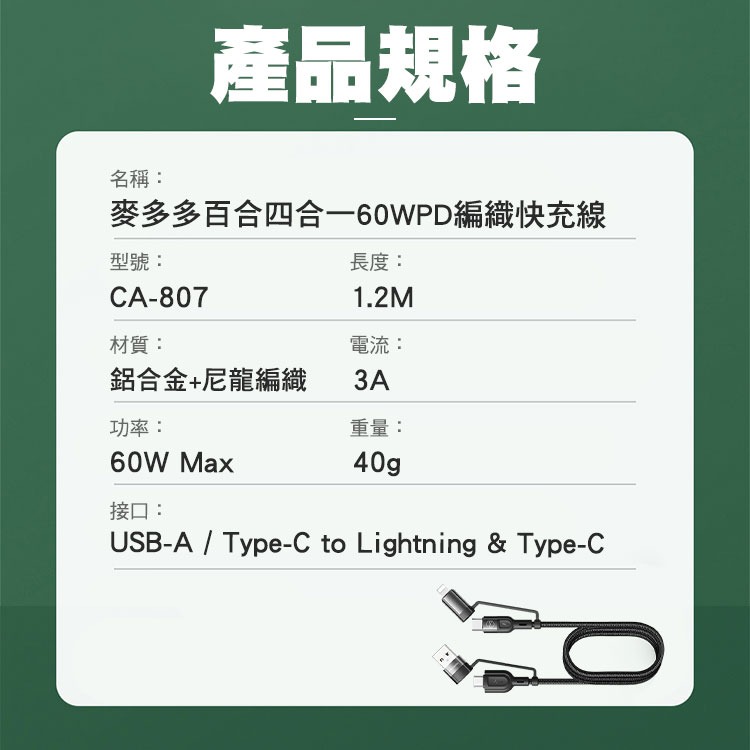 Mcdodo 麥多多 百合系列 四合一 60W PD編織快充線-1.2M-細節圖11