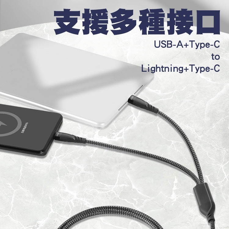 SHOWHAN PD 100W+27W 二拖二 USB-A+Type-C to Lightning+Type-C充電線-細節圖2