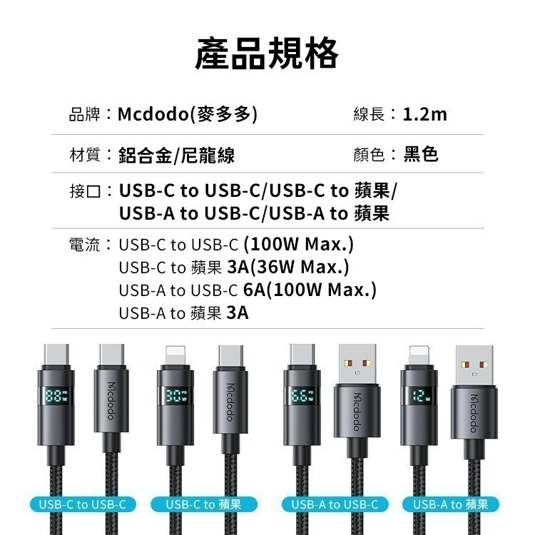 麥多多 橫屏系列功率數顯 3A USB-A to Lightning 快充線1.2m-黑 雙Type-C 100W-細節圖10