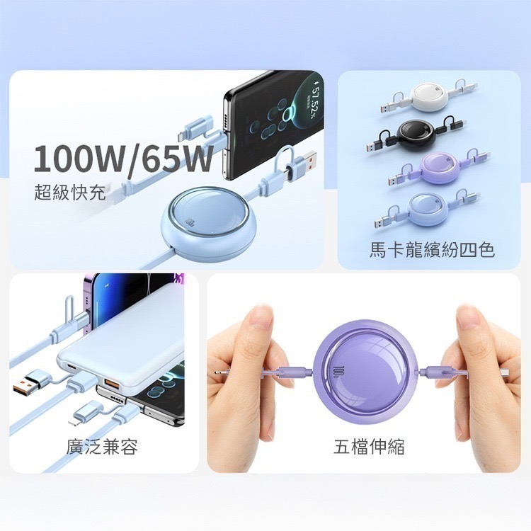 【限時購】馬卡龍繽紛100W四合一伸縮PD快充充電線1m-細節圖3