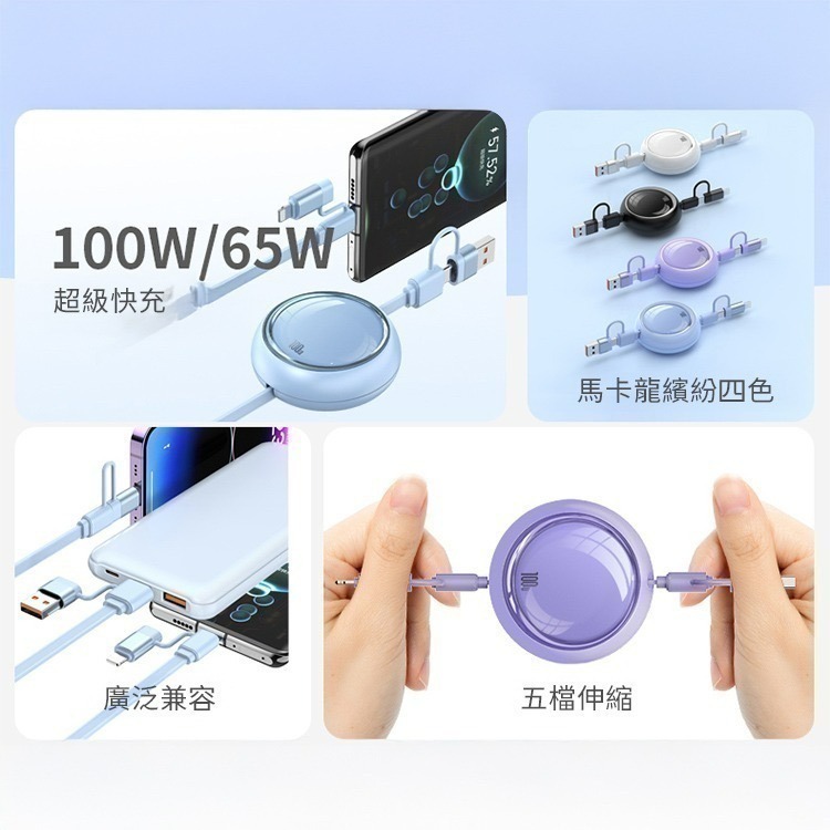 【限時購】馬卡龍繽紛100W四合一伸縮PD快充充電線1m-細節圖3