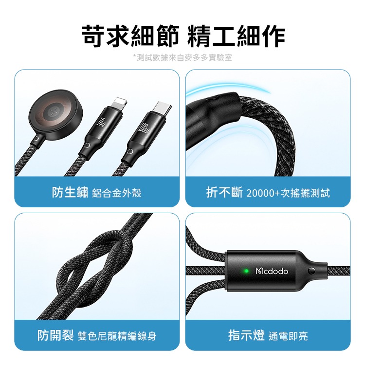 麥多多 一拖三 Type-C to 手錶充+Lightning+Type-C 鋁合金編織100W快充線-黑1.2m-細節圖11