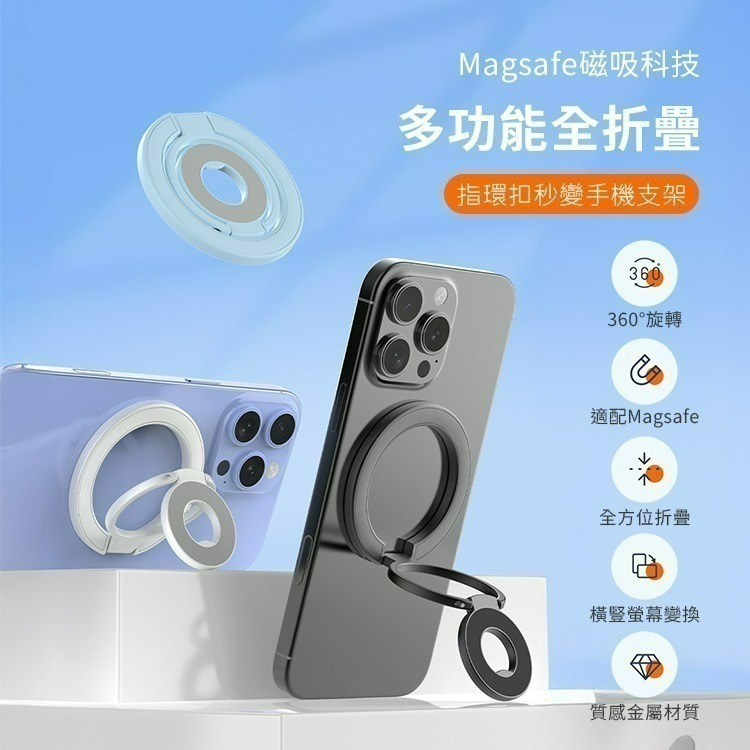 【限時購】多功能全折疊雙面磁吸指環扣支架SY202 N52磁鐵雙軸三折疊 MagSafe 手機支架-細節圖2