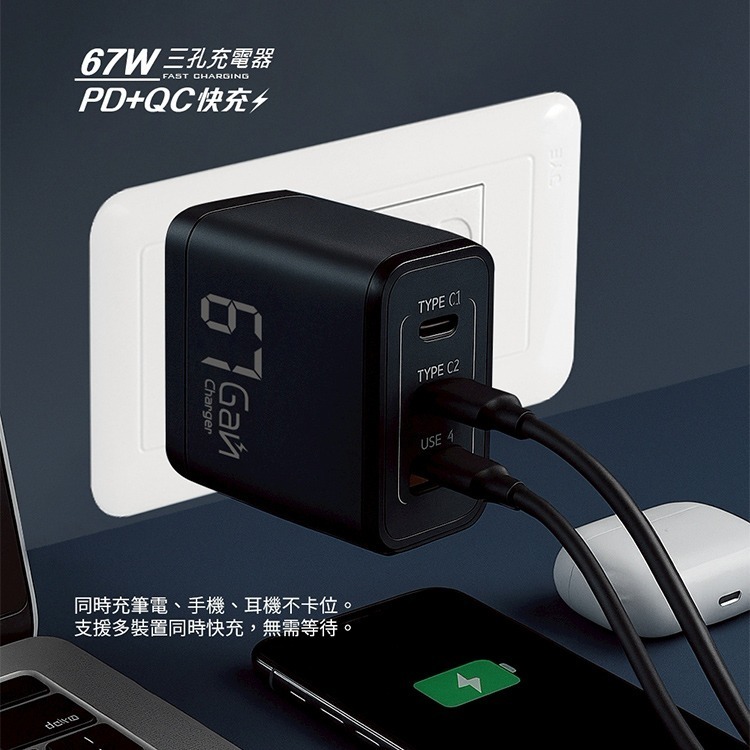 【限時購】MCK-U367 氮化鎵三孔快充充電器67W-細節圖7