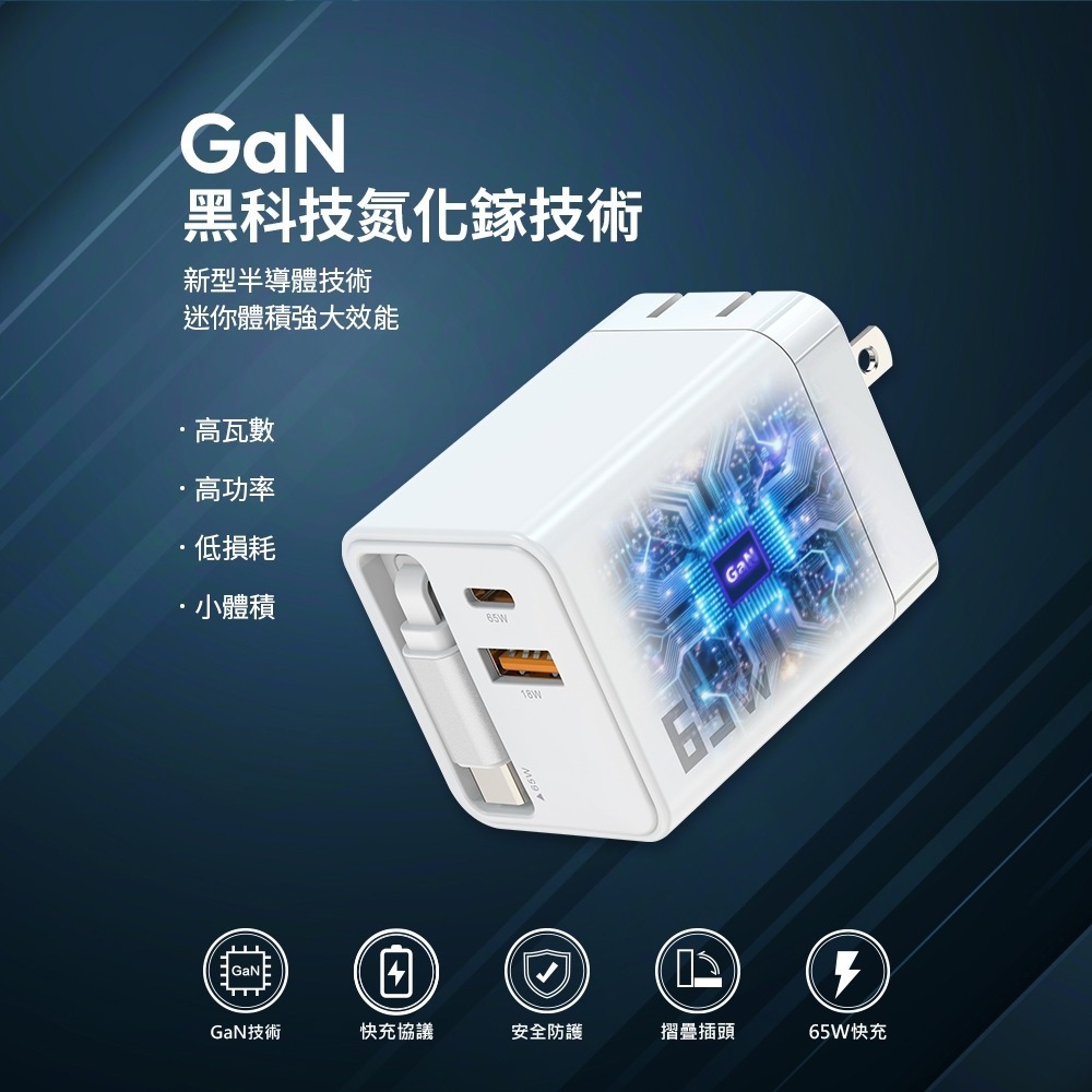 【限時購】MCK U2450 自帶線二孔氮化鎵快充65W Type-C 充電器-細節圖10