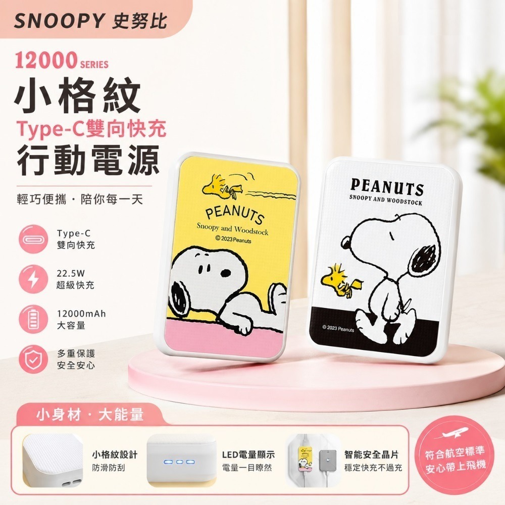 【限時購】SNOOPY史努比 12000series 小格紋Type-C雙向快充行動電源-細節圖2