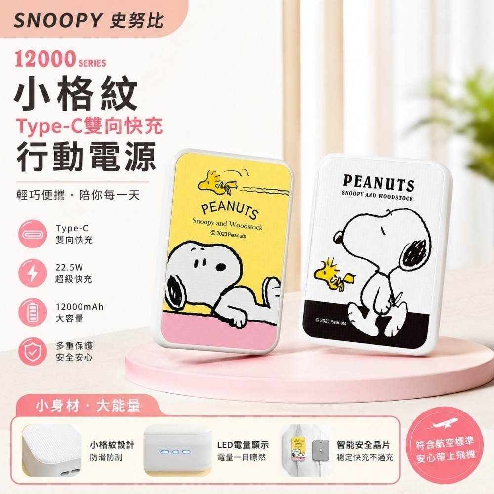 【限時購】SNOOPY史努比 12000series 小格紋Type-C雙向快充行動電源-細節圖2