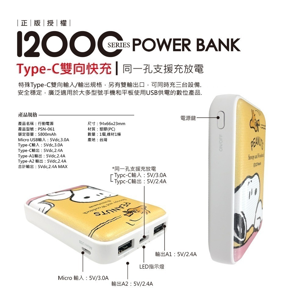 【限時購】SNOOPY史努比 12000series 小格紋Type-C雙向快充行動電源-細節圖8