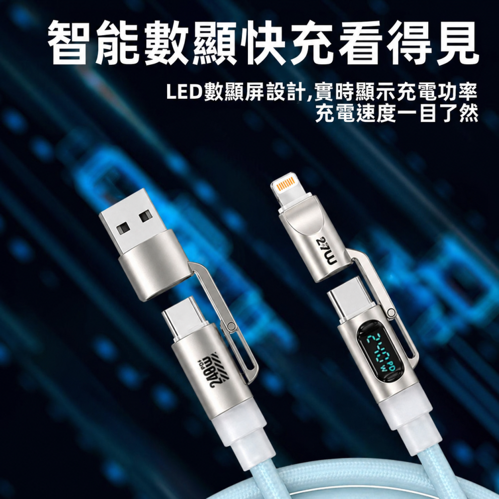 SHOWHAN 240W 數顯超級快充 四合一 E-Marker芯片 液態矽膠PD充電線 1.8m-淺藍色-細節圖3