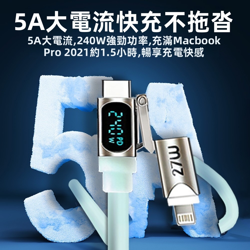 SHOWHAN 240W 數顯超級快充 四合一 E-Marker芯片 液態矽膠PD充電線 1.8m-淺藍色-細節圖6