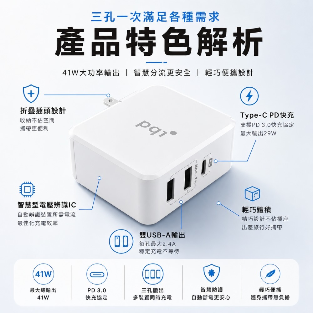 PQI Smart i-Charger PD 41W 智慧快速三孔充電器-細節圖3