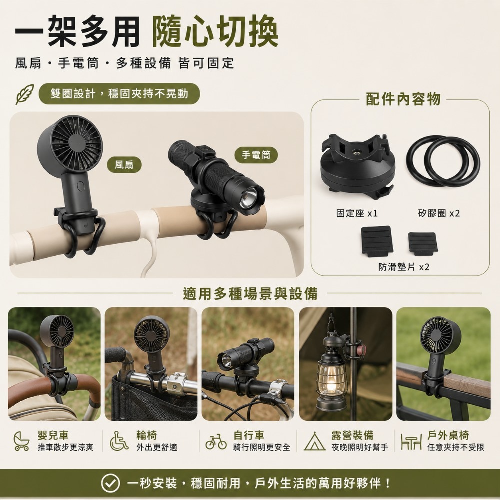 360度旋轉風扇支固定架 雙矽膠圈設計 可旋轉 萬用支架-細節圖8