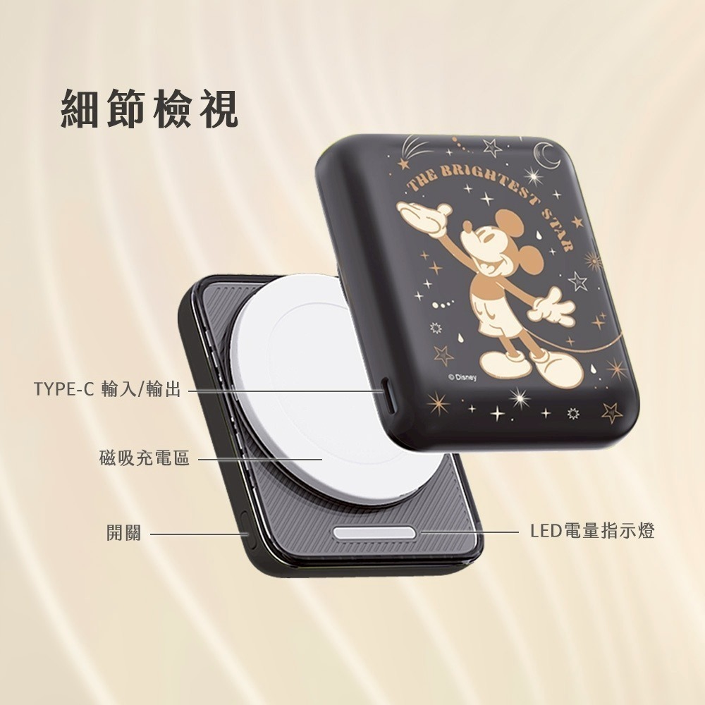 【限時購】迪士尼 正版授權 晶磁系列 磁吸無線充行動電源 5000/10000mAh 史迪奇 三眼怪 米奇 維尼-細節圖8