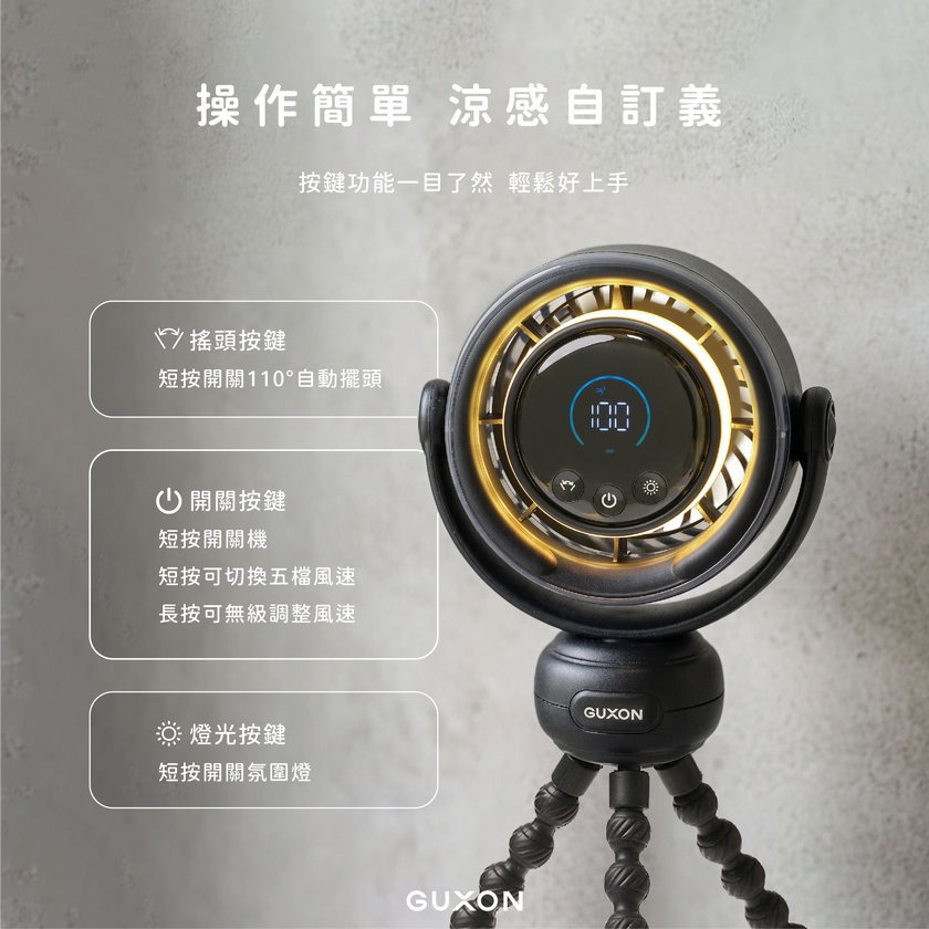 《GUXON 古尚》捲捲扇 全方位小夜燈旋轉風扇 防夾手 擺頭設計 站立/桌扇/臂爪 續航14h-細節圖8