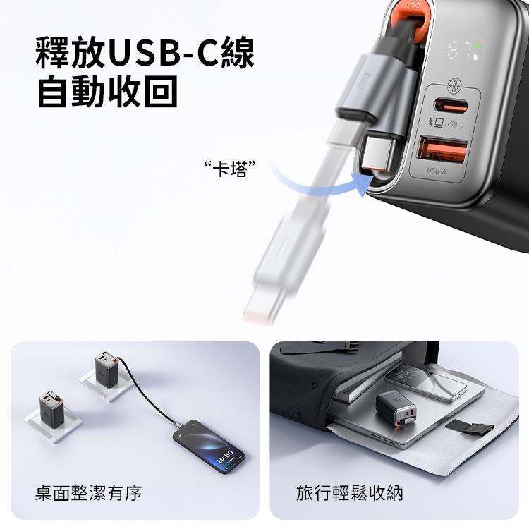 麥多多 FreeGo系列 自帶伸縮線氮化鎵 GaN 67W 快充充電器(CH-411)另有67W雙拉線 100W自帶線-細節圖7