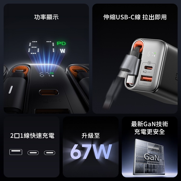 麥多多 FreeGo系列 自帶伸縮線氮化鎵 GaN 67W 快充充電器(CH-411)另有67W雙拉線 100W自帶線-細節圖3