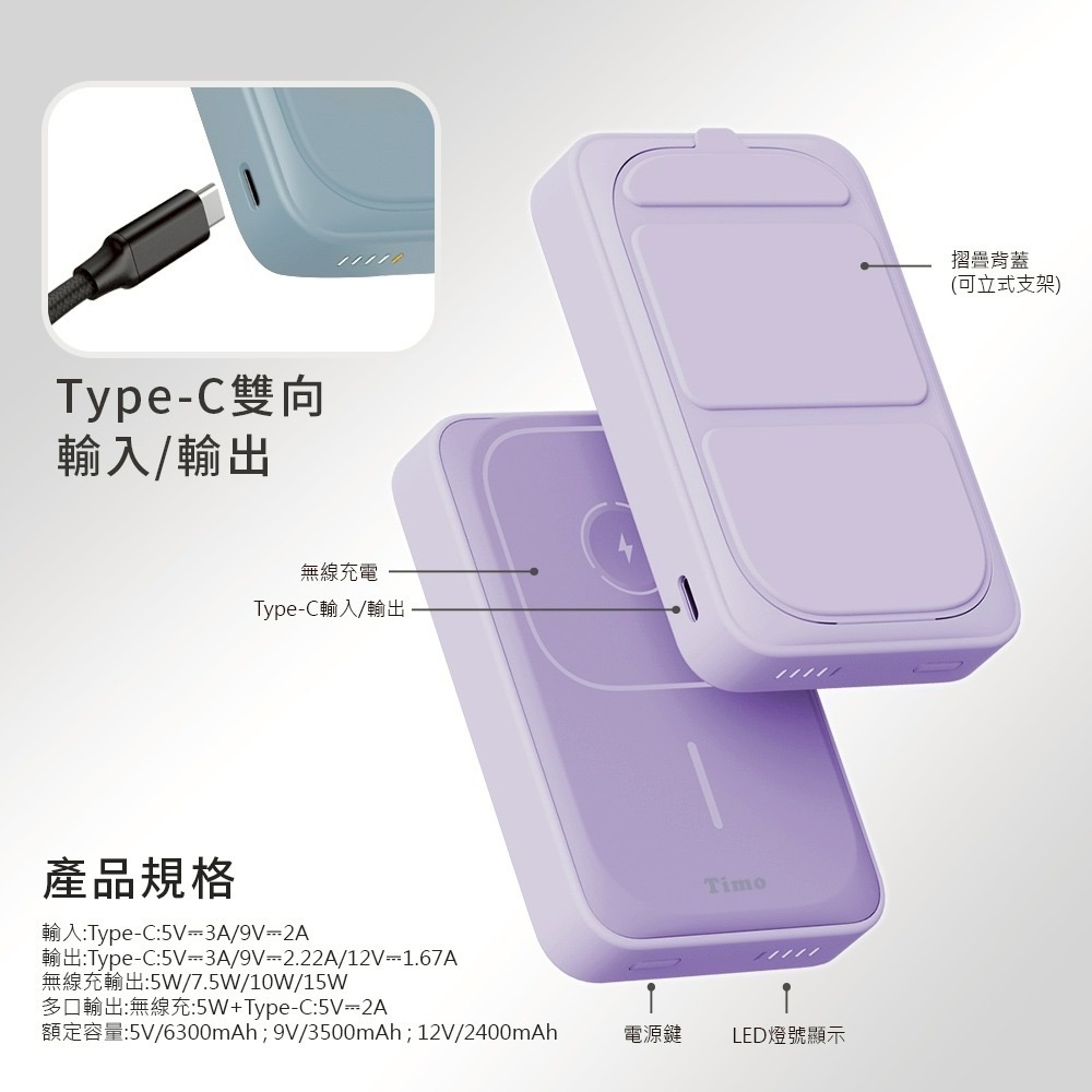 【父親節限定】Timo 13000series 磁吸三用 支架無線充行動電源 + A1 65W 2C1A三孔充電器-細節圖7