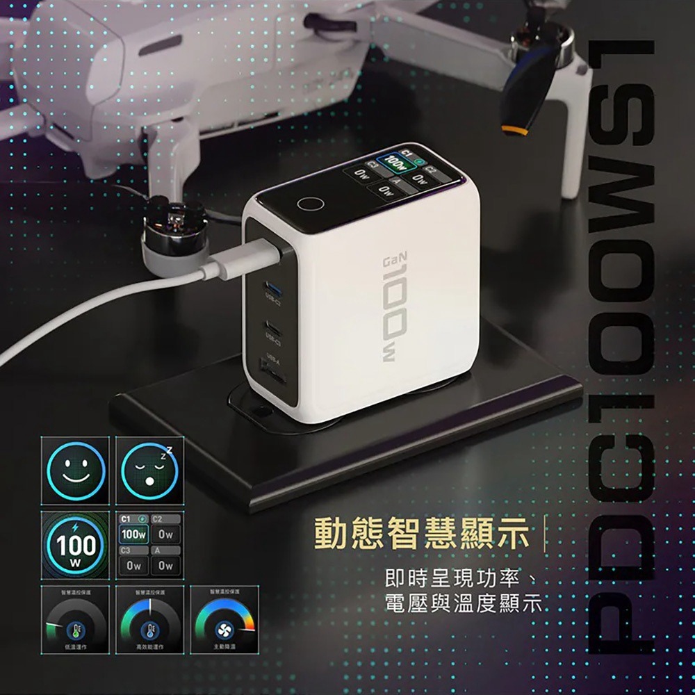 PQI 100W GaN 氮化鎵 智慧數顯四孔快速充電器-細節圖2