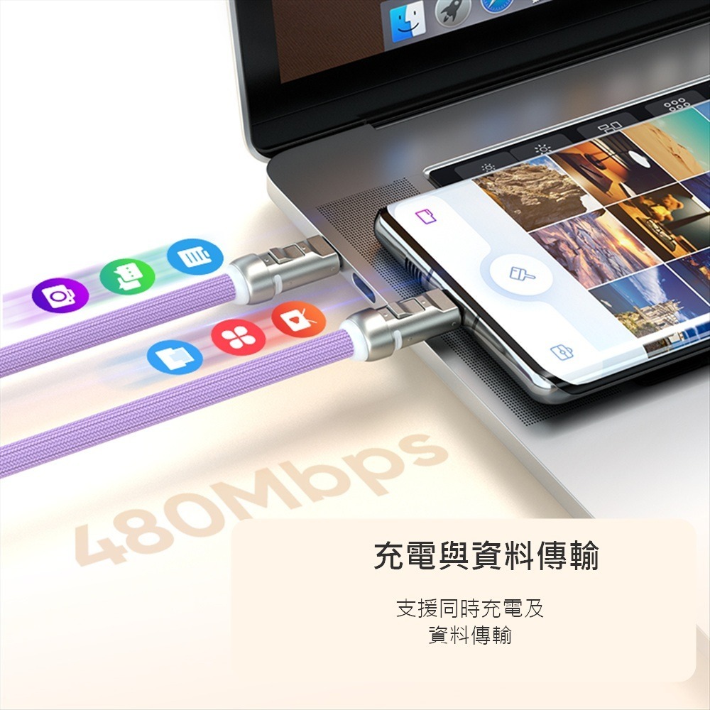 SHOWHAN PD 240W Type-C to Type-C多功能鑰匙扣掛繩數據充電線 1.2m/0.3m-細節圖8