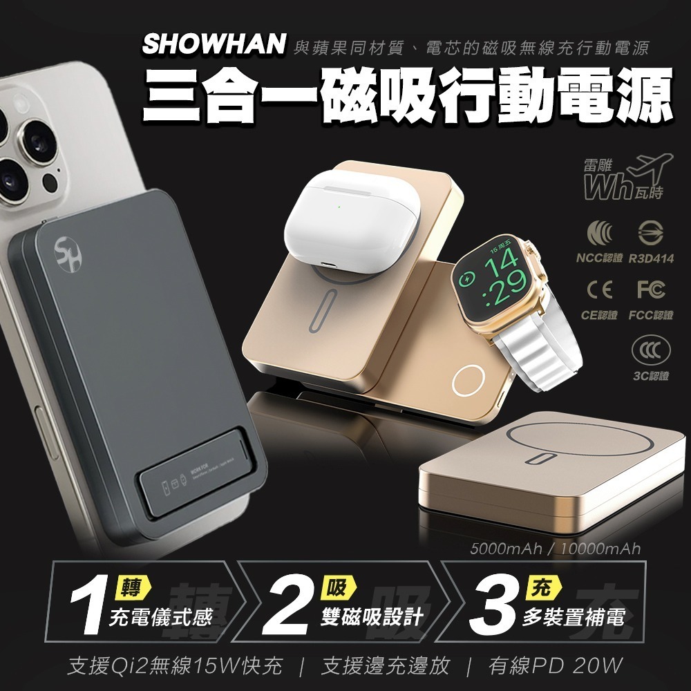 【超值組合】送冰敷風扇 SHOWHAN 三用 旋轉 支架 磁吸無線充 行動電源 可充手錶 可上飛機 3C認證 Wh標示-細節圖2
