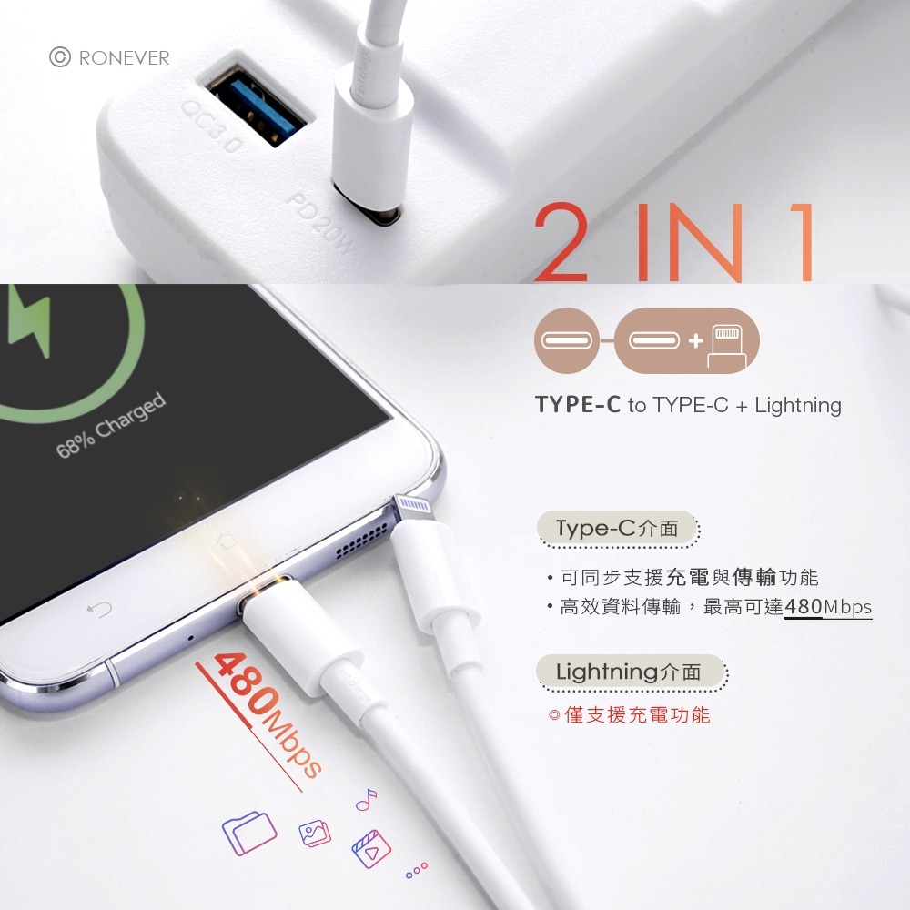 RONEVER VPC170 / TYPE-C二合一充電線(C+IOS)-細節圖2