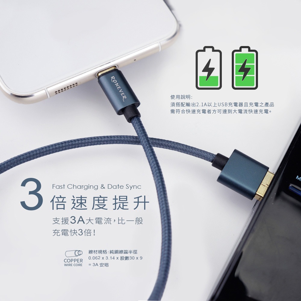 RONEVER VPC120 / 3A鋁合金充電線50CM TYPE-C-細節圖4