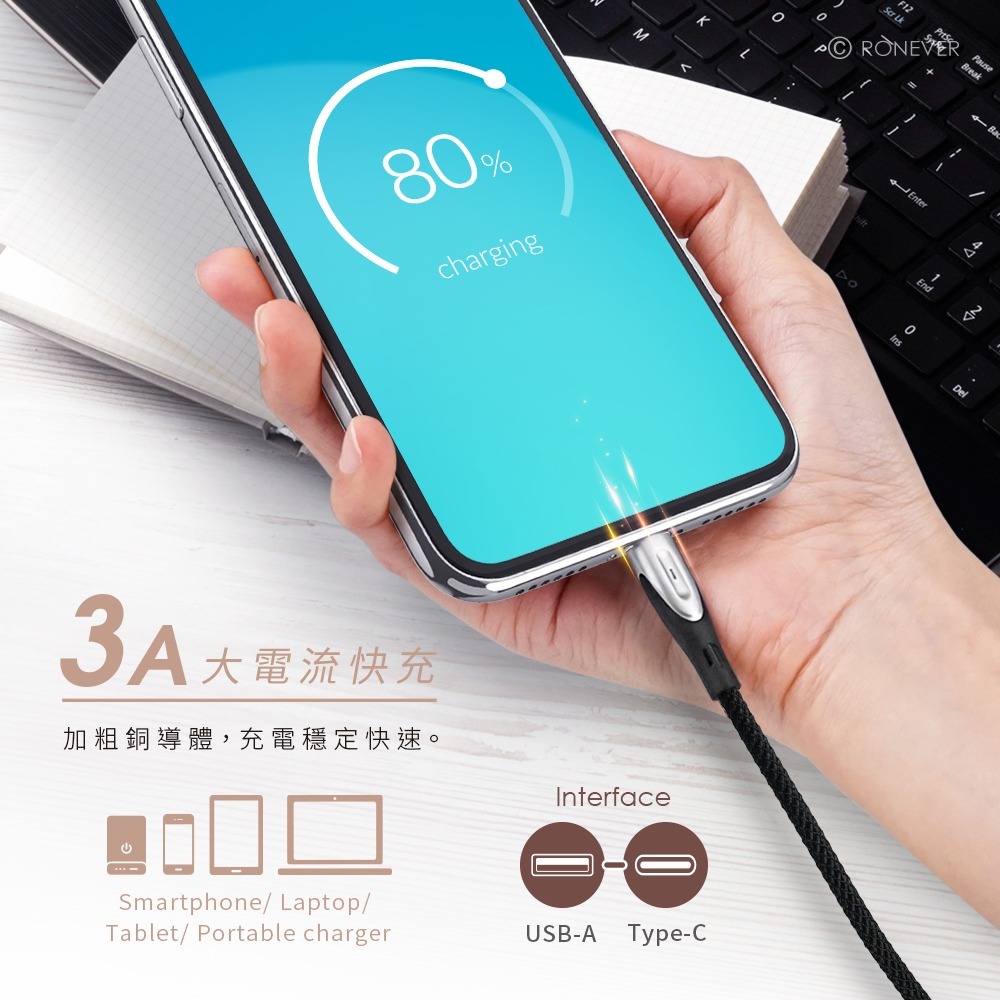 RONEVER VPC179 / 鋅合金充電傳輸線(TYPE-C)-黑-細節圖2
