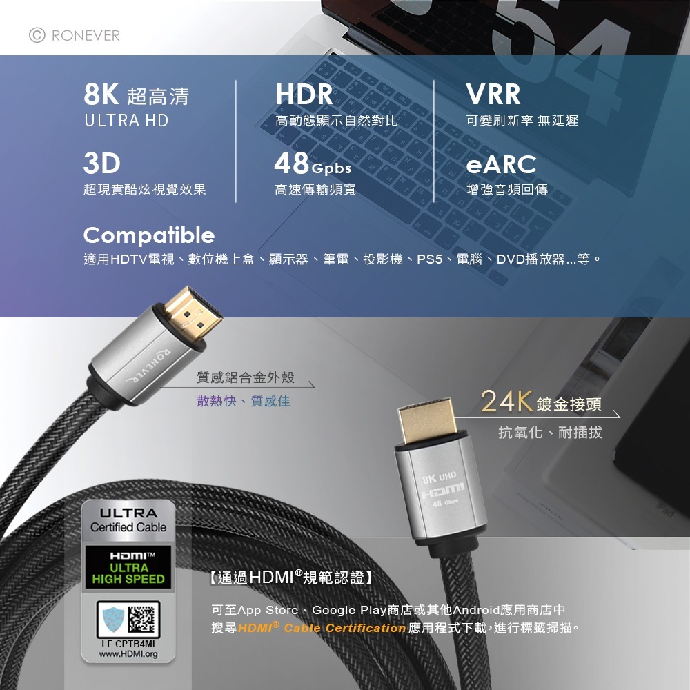 RONEVER VPH-HDMI-4B / HDMI鋁合金傳輸線(2.1)-細節圖2