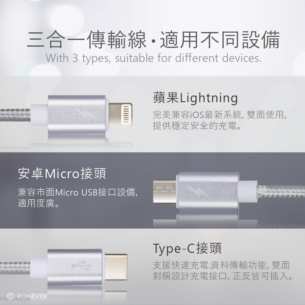 RONEVER VPC146 / 鋁合金三合一快充編織線(Micro/Lightning/Type-C)-細節圖3